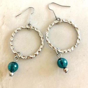 Silver tone with teal hanging beads earrings